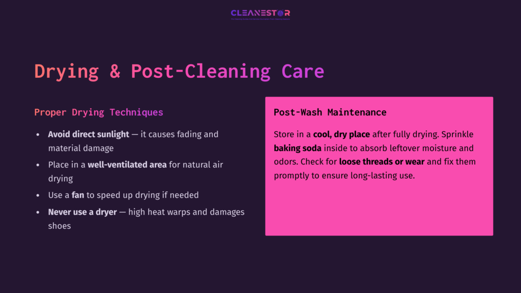 6 Drying And Post Cleaning Care Text On A Dark Background With Pink Highlighted Section. Points On Drying Techniques And Post-Wash Maintenance For Water Shoes.