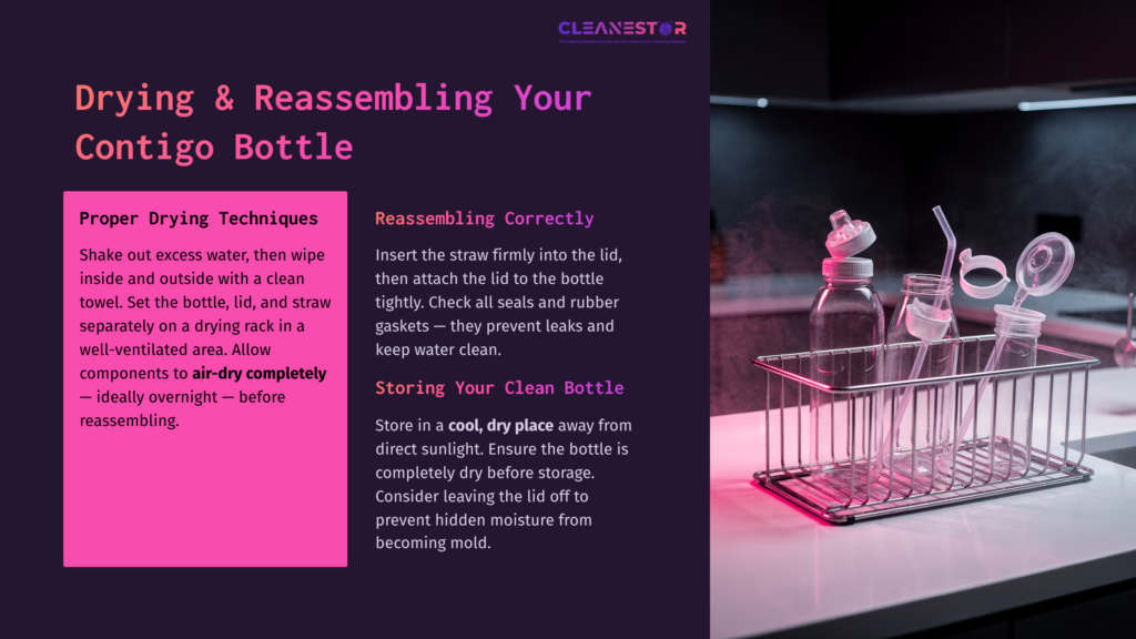 Four Contigo Water Bottles In A Drying Rack Beside A Sink, With A Dark Background And Contrasting Purple Text About Cleaning And Reassembling.