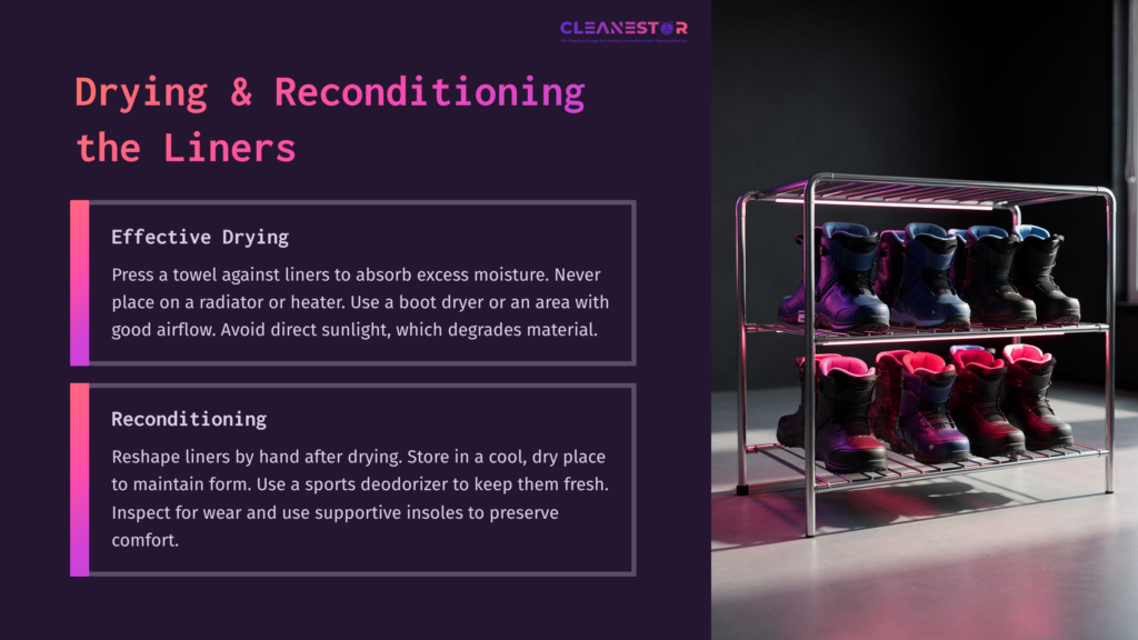 A Metal Rack Displays Several Colorful Ski Boots, With Drying Instructions Alongside, Featuring A Modern, Clean Design In Purple And Gray.