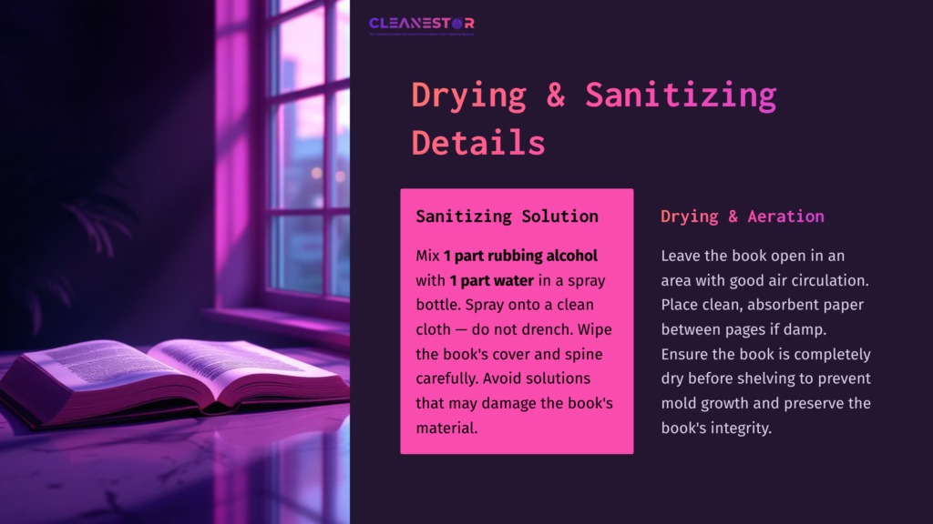 6 Drying And Sanitizing Details Open Book On A Table Near A Window, With A Pink And Purple Color Scheme. Instructions For Cleaning And Sanitizing Are Prominently Displayed.