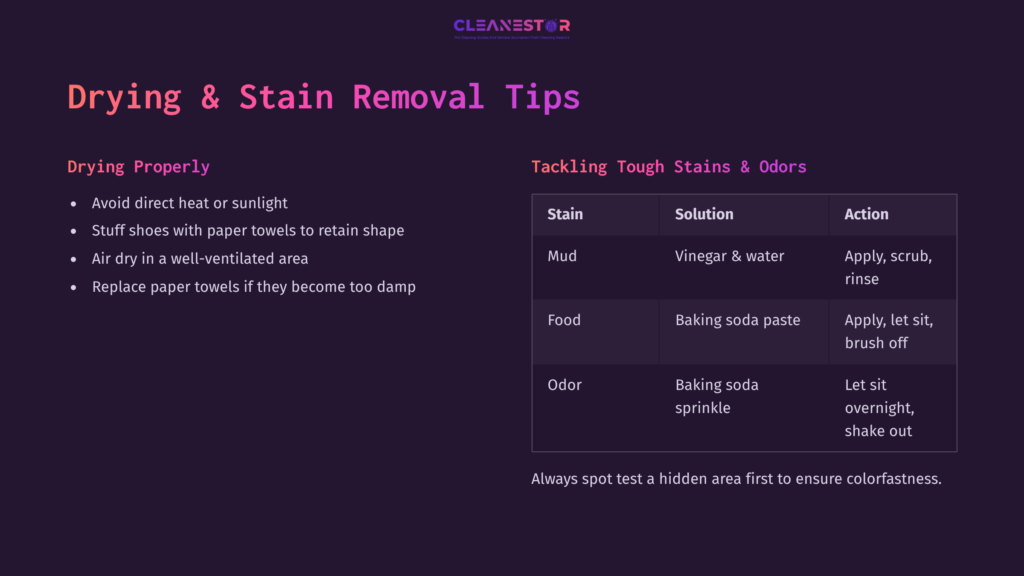 Text On A Dark Background Detailing Drying And Stain Removal Tips For Twinkle Toes Shoes, With Solutions For Mud, Food, And Odors.