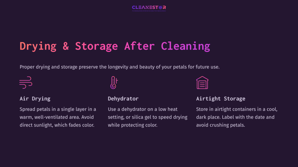 6 Drying And Storage After Cleaning Text On A Dark Purple Background Outlines Methods For Drying And Storing Rose Petals, With Sections On Air Drying, Using A Dehydrator, And Airtight Storage.