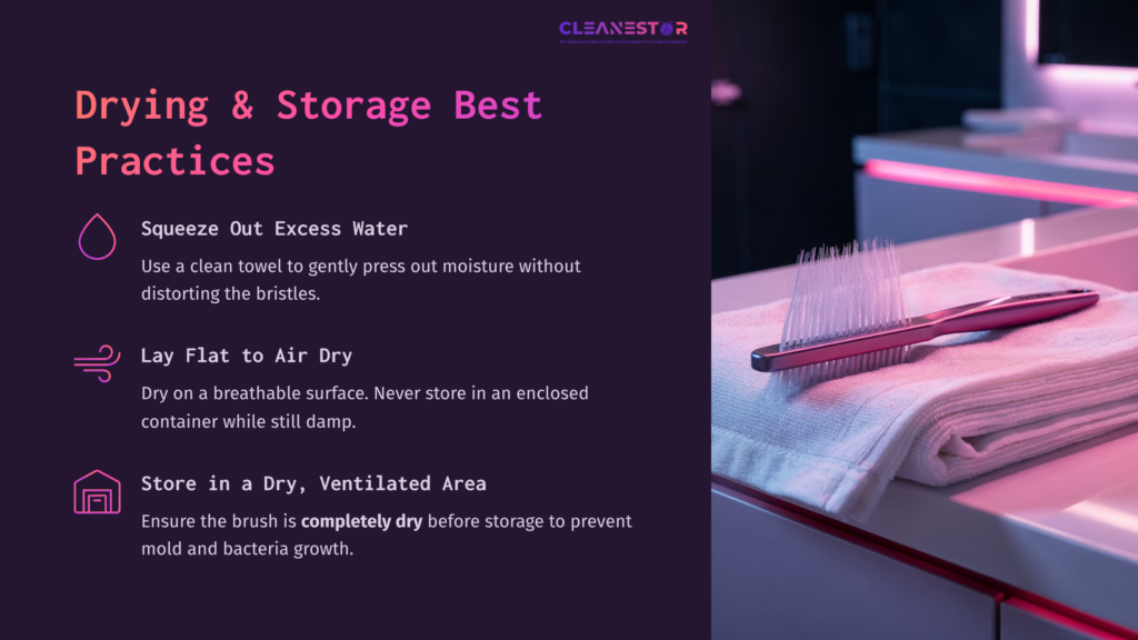 A Pink Edge Brush Rests On A Bright Surface, Surrounded By Text Describing Drying And Storage Practices In White And Purple.