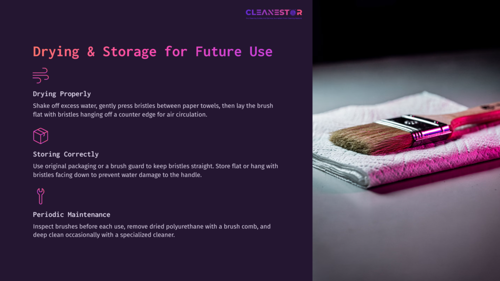 A Paintbrush Rests On A White Cloth, With Text Outlining Cleaning And Storage Tips For Brushes Used With Polyurethane.