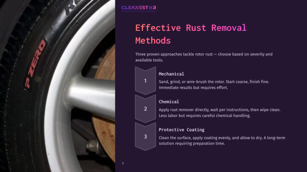 6 Effective Rust Removal Methods Close-Up Of A Shiny Wheel With A Tire Marked 'P-Zero' Beside A List Detailing Methods For Rust Removal, Featuring Mechanical, Chemical, And Protective Approaches.