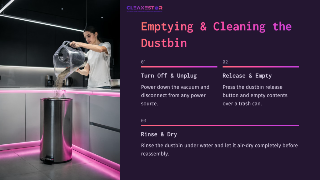 A Person Pours Dust From A Vacuum Dustbin Into A Metallic Trash Can, With Pink-Lit Countertops And Cleaning Instructions Displayed Nearby.