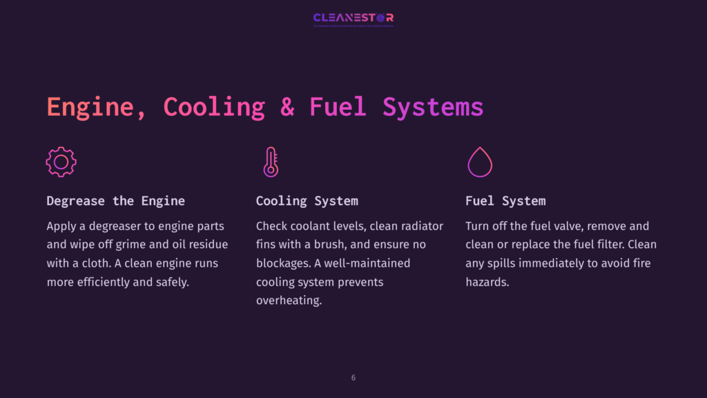 Text On A Dark Purple Background Detailing Steps For Maintaining Engine, Cooling, And Fuel Systems, With Icons For Each Section.