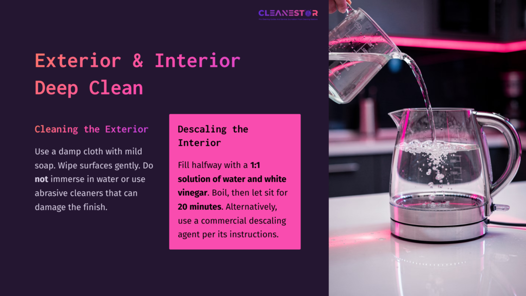 A Transparent Electric Kettle Being Filled With Water And Vinegar, Next To Text Instructions On Cleaning And Descaling Methods, Featuring A Pink And Dark Backdrop.