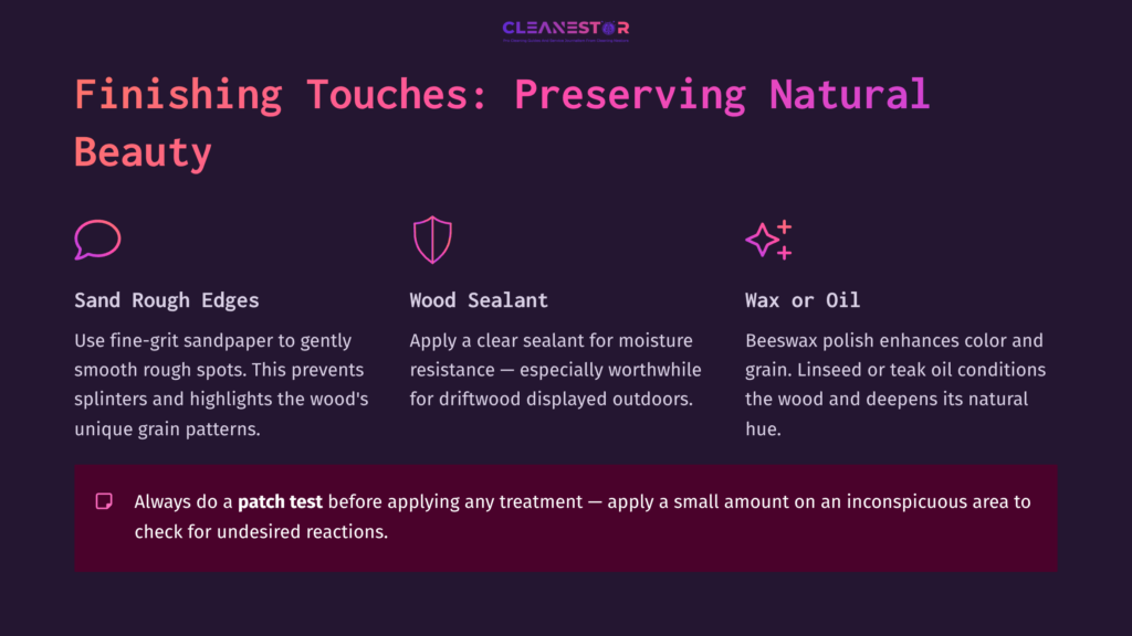 Text On A Dark Background Detailing Finishing Touches For Preserving Natural Beauty In Driftwood, Featuring Sections On Sanding, Sealing, And Waxing.