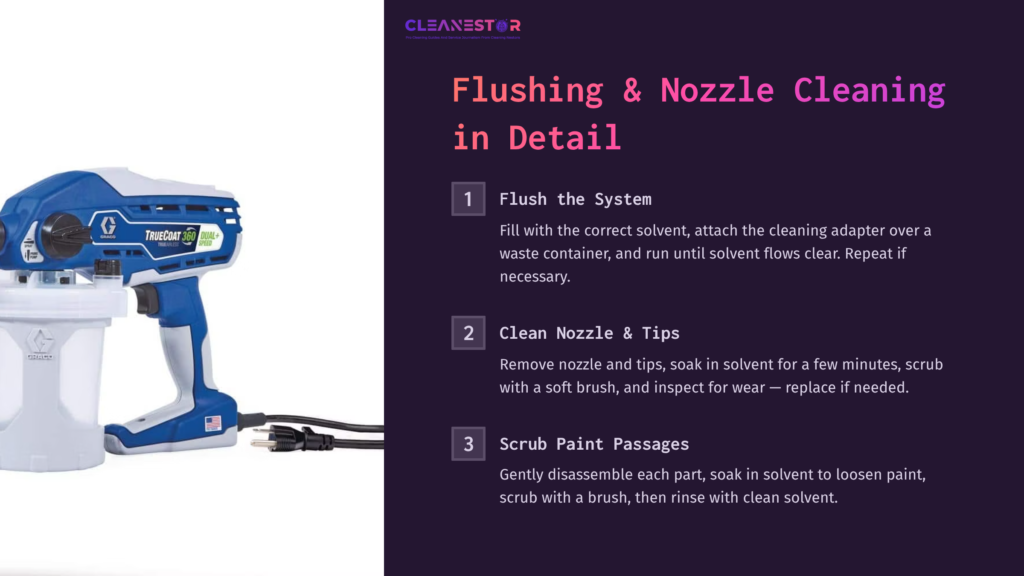 6 Flushing And Nozzle Cleaning In Detail Graco 360 Paint Sprayer In Blue, With Cleaning Steps Listed Alongside. Key Parts Include Nozzle, Tips, And Paint Passages.