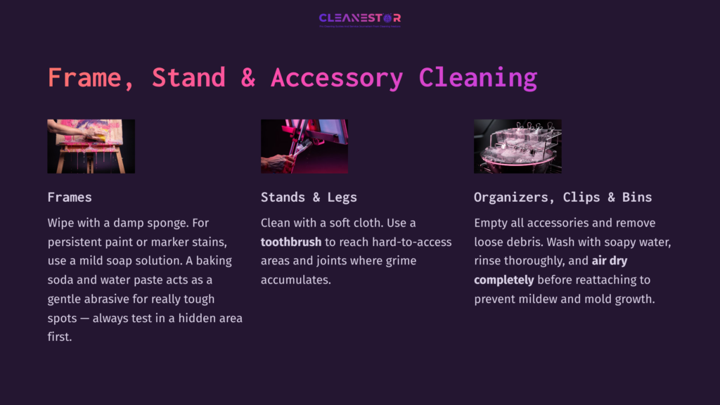 Instructions For Cleaning A Discovery Drawing Easel, Featuring Framed Sections With Text On Cleaning Methods, In A Dark Purple Layout.