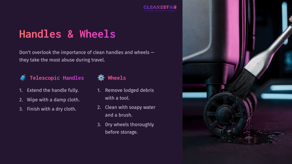 Close-Up Of A Suitcase Handle And Wheel, With A Brush Cleaning Debris; Background Features Purple Tones And Clear Instructional Text.
