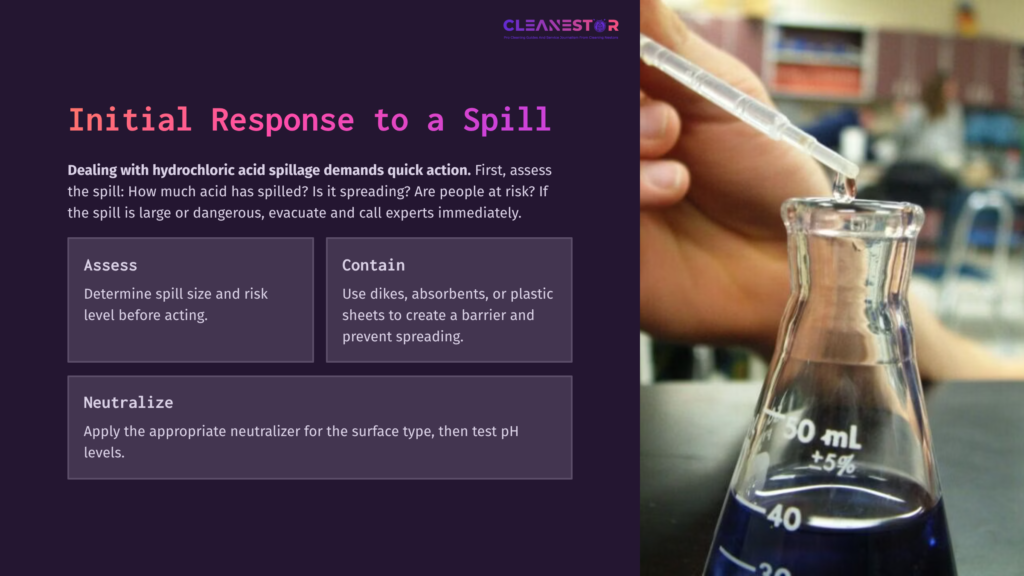A Laboratory Setting With A Beaker Containing Hydrochloric Acid, A Pipette In Use, And Text Outlining Spill Response Steps.