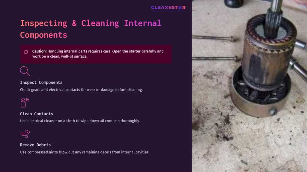 A Disassembled Starter Motor On A Concrete Surface, Showing Internal Components And Debris. A Cloth Is Nearby For Cleaning.