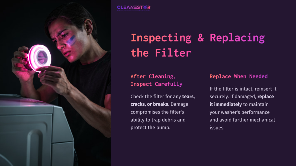 A Person Inspecting A Washing Machine Filter Under A Pink Light, With Text Detailing Cleaning And Replacement Instructions.