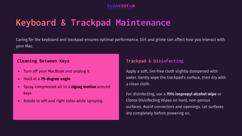 6 Keyboard And Trackpad Maintenance Illustration Featuring A Cleaning Guide For A Keyboard And Trackpad, With Purple Background And White Text Detailing Maintenance Steps.