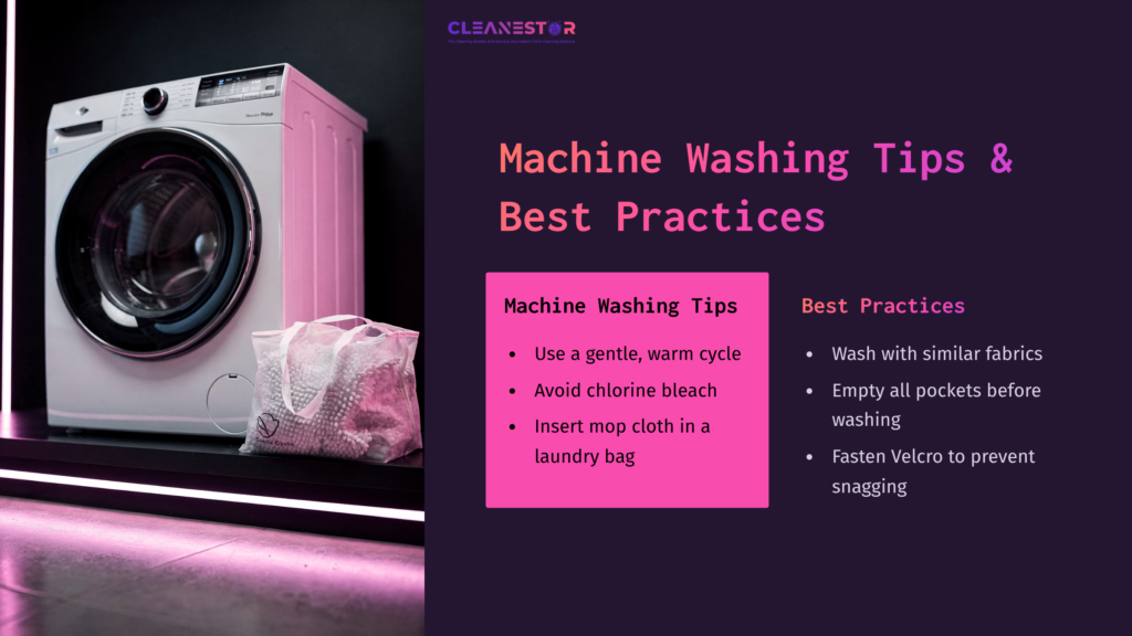 A Washing Machine Beside A Laundry Bag, With Tips On Cleaning Roborock Mop Cloths In Pink And Purple Text On A Dark Background.