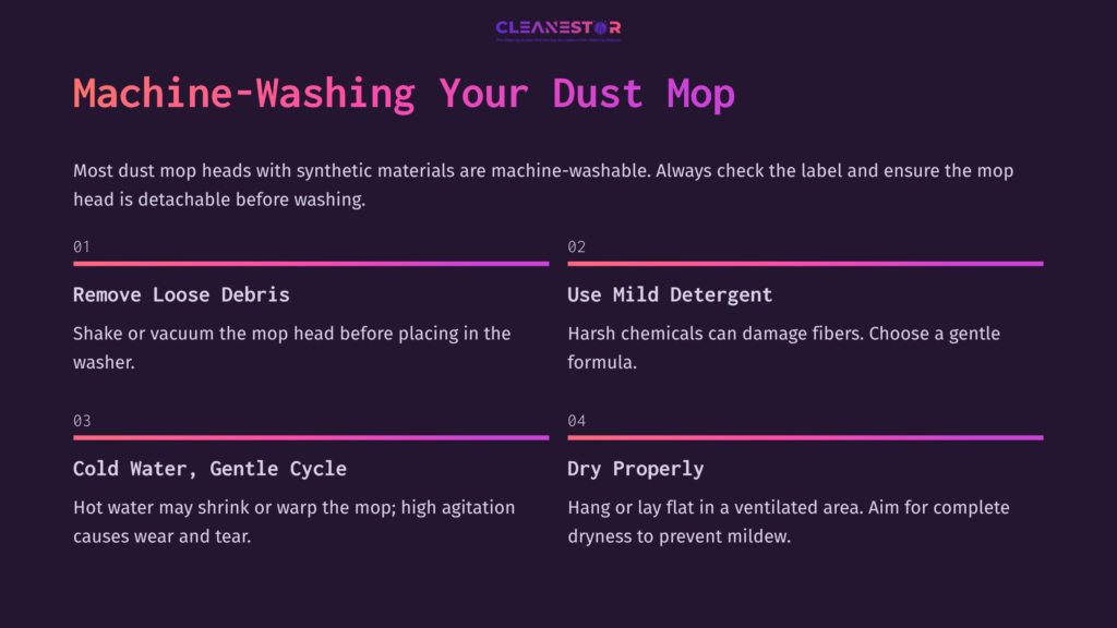 Infographic With Purple Background Outlining Steps For Cleaning Dust Mops: Remove Debris, Use Mild Detergent, Wash On Gentle Cycle, Dry Properly.