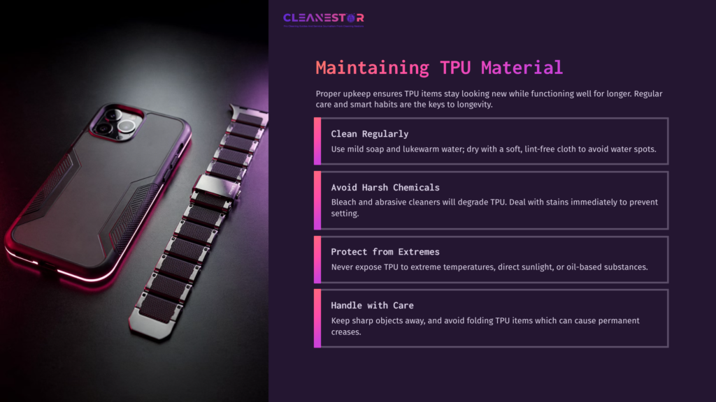 A Smartphone Next To A Metallic Watch Band On A Dark Surface, With Purple Lighting Highlighting Maintenance Tips For Tpu Material.