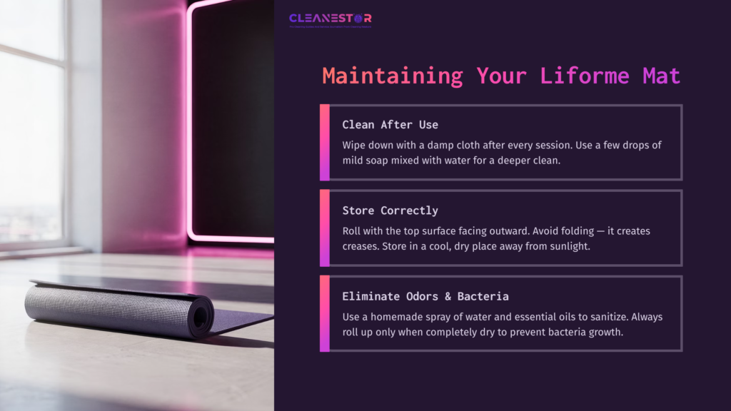A Liforme Yoga Mat Lies On A Pink And Purple Gradient Background, With Cleaning Tips Displayed In Bold White Text On The Right.