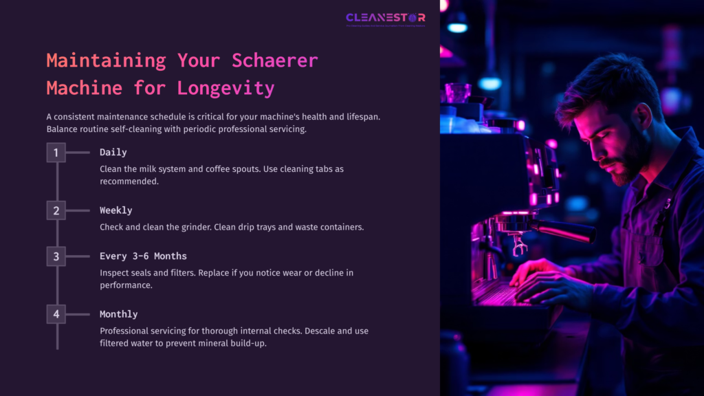 Text On A Purple Background Outlines Maintenance Steps For A Schaerer Coffee Machine, With A Coffee Machine In Use And Vibrant Blue Lighting.