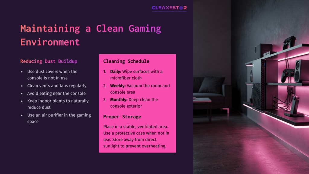 A Modern Gaming Area Featuring A Ps3 Console On A Shelf, With Cleaning Tips Outlined In Pink Text On A Dark Background.