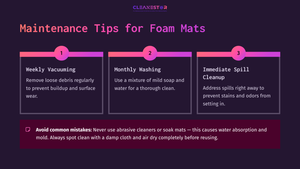 Graphic With Three Rectangular Sections: Tips For Maintaining Foam Mats, Featuring Bold Text And Icons. Background Is Dark Purple, Text In White And Pink.