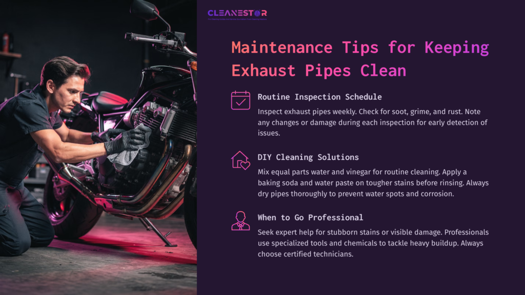 A Mechanic Inspects A Motorcycle'S Black Exhaust Pipes, Highlighted With Purple And Pink Lighting. Tips For Cleaning Are Outlined.