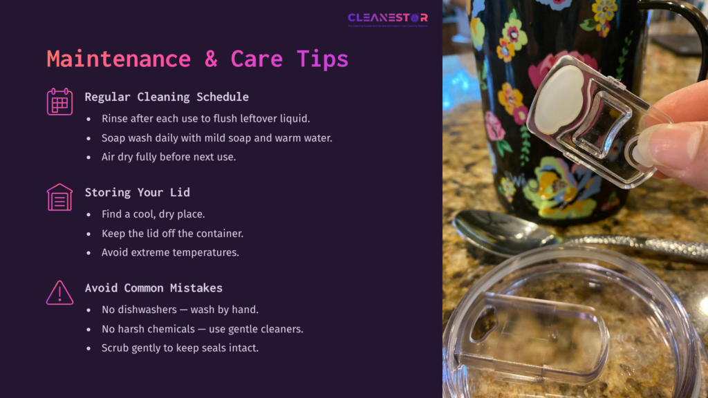 Colorful Floral Mug Beside A Clear Lid With A Built-In Straw, On A Stone Countertop. Text Offers Cleaning Maintenance Tips For Swig Lids.
