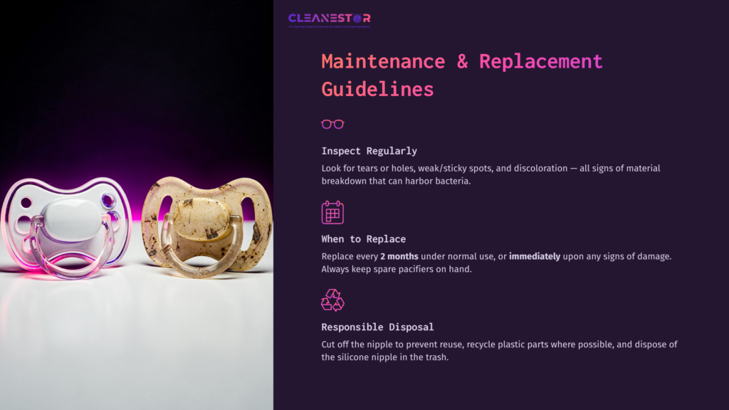 Two Pacifiers, One Clear With Pink Speckles And One Pink, Are Centered Against A Dark Background. Text Outlines Maintenance Tips And Disposal Guidelines In Contrasting Colors.