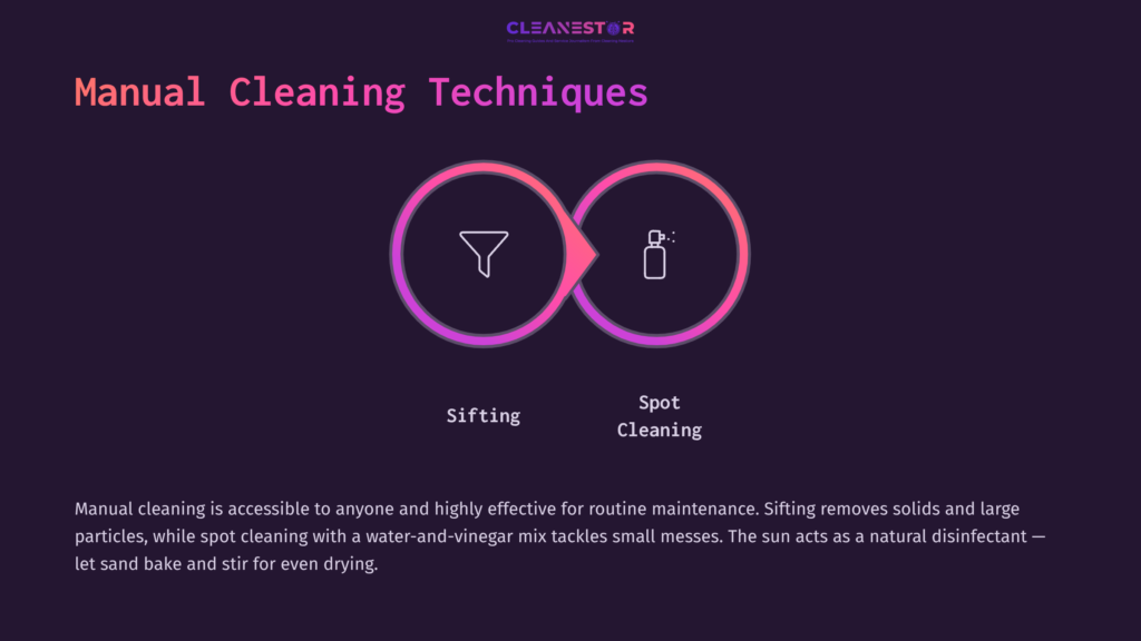 Sifting And Spot Cleaning Techniques For Play Sand, Featuring A Funnel And Spray Bottle With A Dark Background And Vibrant Text.