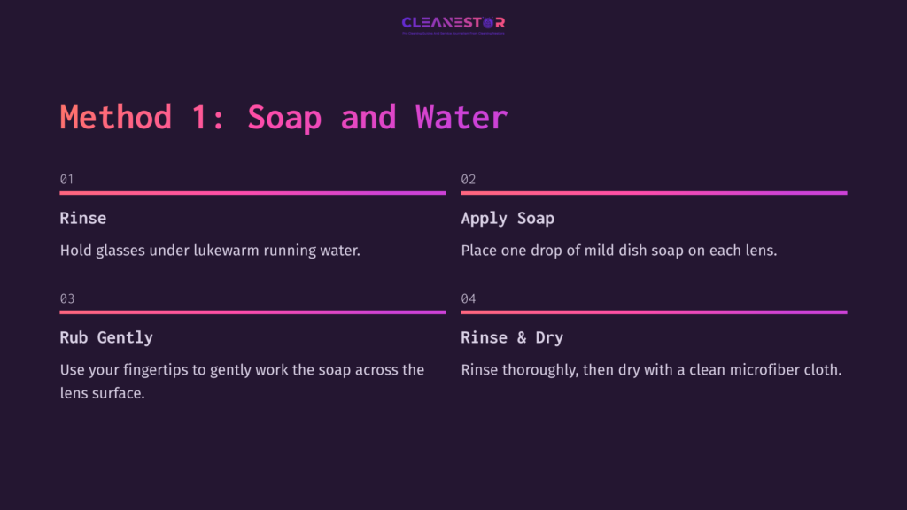 Step-By-Step Graphic On Cleaning Glasses: Includes Rinsing, Applying Soap, And Drying With A Cloth. Background Is Dark Purple With Pink Accents.