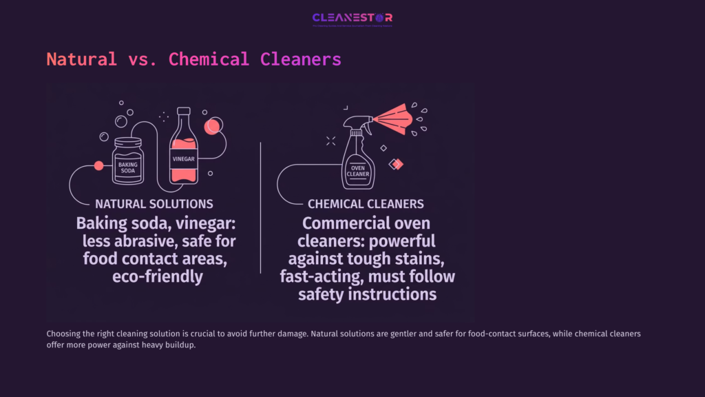 6 Natural Vs Chemical Cleaners Two Sections Show Cleaner Types: Natural Solutions With Baking Soda And Vinegar Bottles On The Left; Chemical Cleaners With A Spray Bottle On The Right.