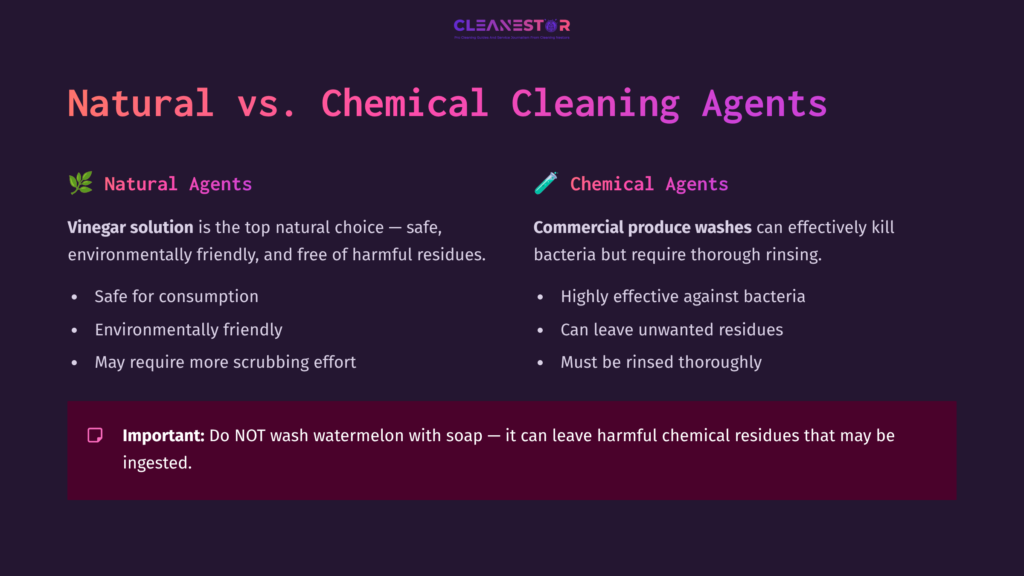 Comparison Of Natural And Chemical Cleaning Agents For Watermelon, Highlighting Their Effectiveness, Safety, And Washing Tips In A Colorful Layout.