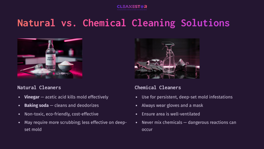 Comparison Chart Highlighting Natural And Chemical Cleaning Solutions For Mold. Left: Vinegar And Baking Soda; Right: Chemical Cleaners With Safety Gear.