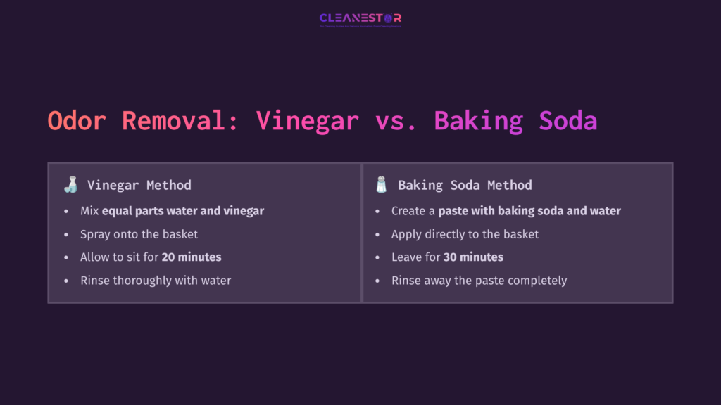 Comparison Chart For Cleaning Breville Air Fryer Basket, Featuring Two Methods: Vinegar Vs. Baking Soda, With Steps And Timing.