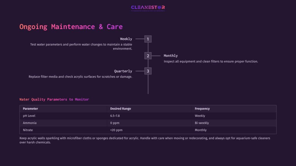Maintenance Chart With Purple Background Detailing Ongoing Aquarium Care: Weekly, Monthly, And Quarterly Tasks, And Water Quality Parameters.