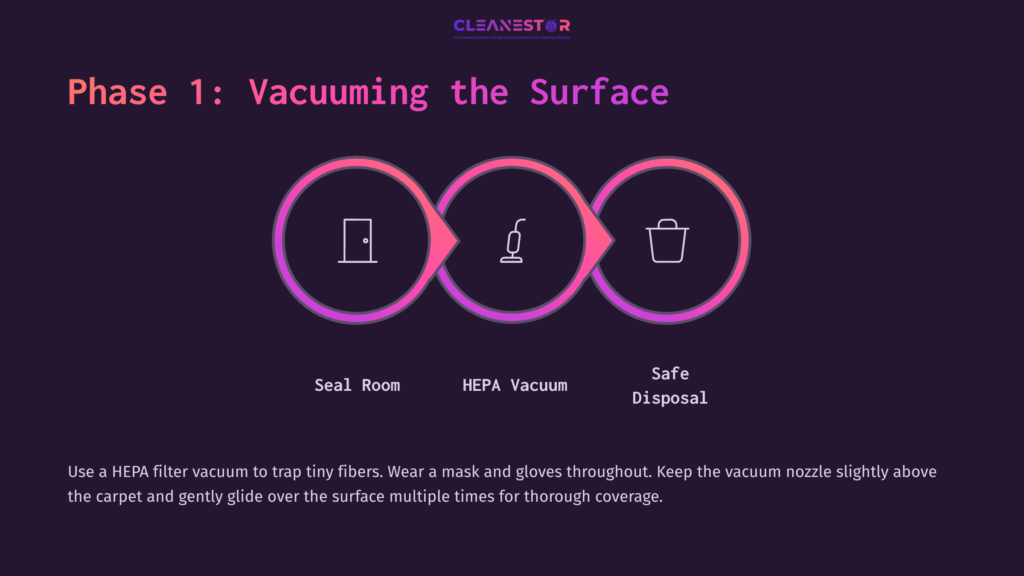 Three Circular Icons Connected By Arrows Illustrate Steps For Cleaning Fiberglass: Sealing The Room, Using A Hepa Vacuum, And Safe Disposal.
