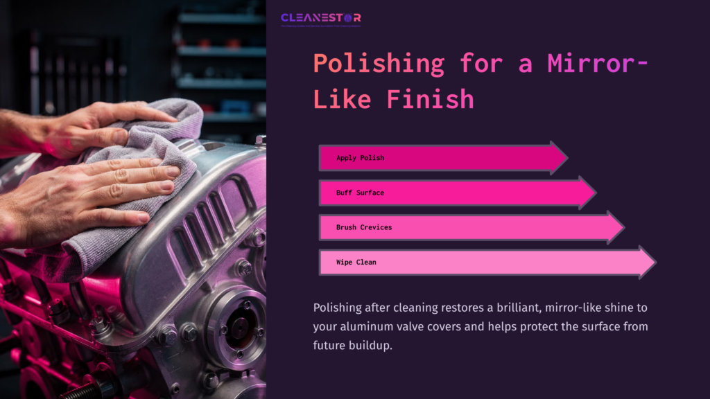 A Person Polishing A Shiny Aluminum Valve Cover With A Cloth, Surrounded By Tools And A Dimly Lit Workspace. Instructions In Pink Boxes.