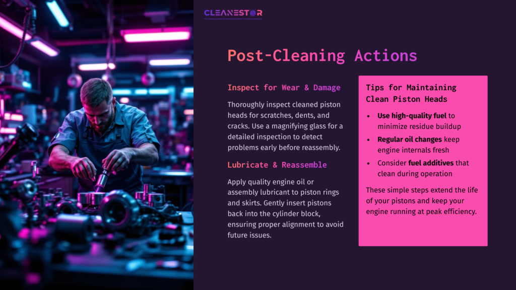 A Mechanic Inspects A Piston Head Under Neon Lighting, Surrounded By Tools And Instructions On Post-Cleaning Actions And Maintenance Tips.