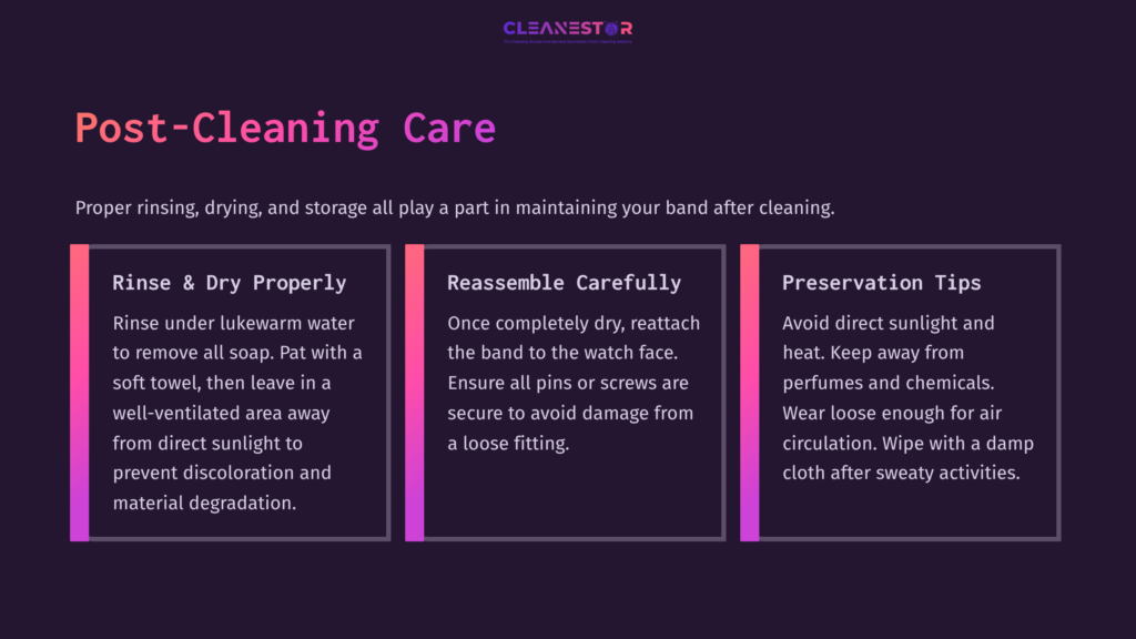 6 Post Cleaning Care 1 A Text Graphic Titled &Quot;Post-Cleaning Care&Quot; With Three Sections: Rinse &Amp; Dry, Reassemble Carefully, And Preservation Tips, Featuring A Dark Background.