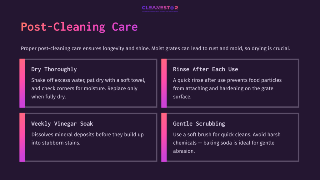 Text On A Dark Purple Background Outlining Post-Cleaning Care Instructions For Sink Grates, Emphasizing Drying, Rinsing, And Gentle Cleaning Methods.