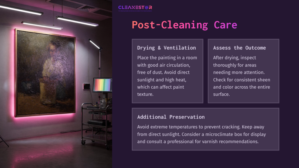 A Dimly Lit Room With A Large Oil Painting Surrounded By Pink Ambient Lighting, Featuring Text On Post-Cleaning Care Tips.