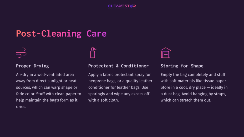 6 Post Cleaning Care 3 Textual Guide On Cleaning Dagne Dover Bags, Featuring Headings In Purple On A Dark Background, With Icons For Spray And Storage.