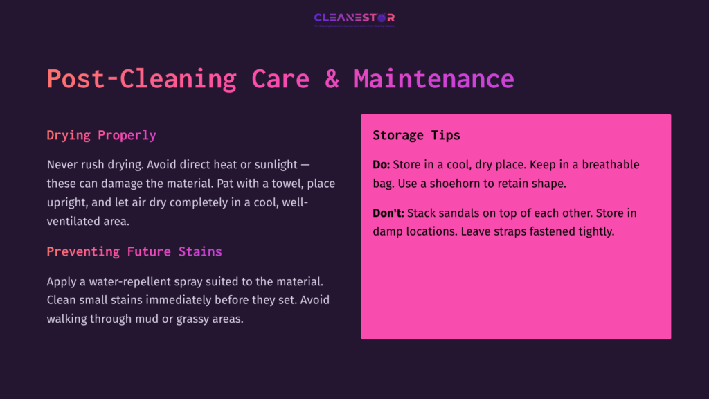 6 Post Cleaning Care And Maintenance 1 Text-Based Cleaning Tips On A Purple Background, Highlighting Storage Advice For Steve Madden Sandals With Bold Headings And Contrasting Colors.