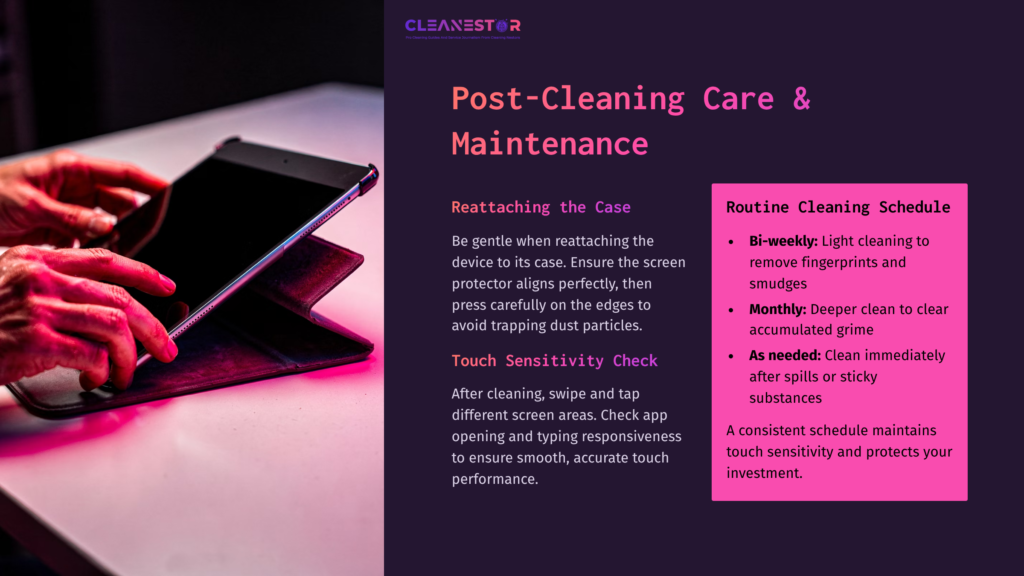 Hands Adjusting A Tablet In A Case On A Table, With Text Outlining Post-Cleaning Care And Maintenance Tips In Purple And Pink Tones.