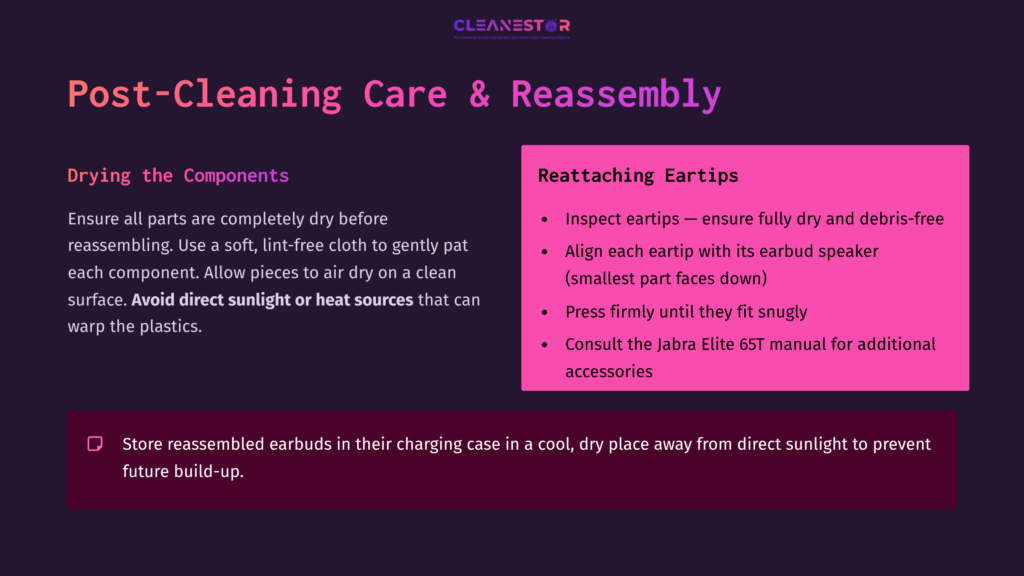 Illustration With Instructions On Cleaning And Reassembling Jabra Elite 65T Earbuds, Featuring A Clear Layout With Bullet Points And Vibrant Colors.