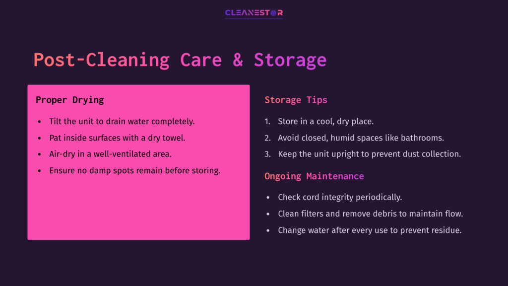 Text On A Dark Background Outlining Post-Cleaning Care And Storage Tips For A Homedics Foot Spa, Featuring Vibrant Pink Headings And Bullet Points.