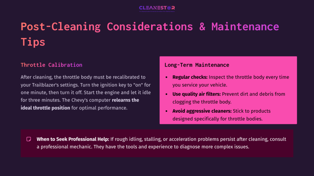 Text On A Purple And Pink Background Discusses Throttle Body Cleaning Tips And Maintenance. Key Points Are Highlighted In White And Orange.