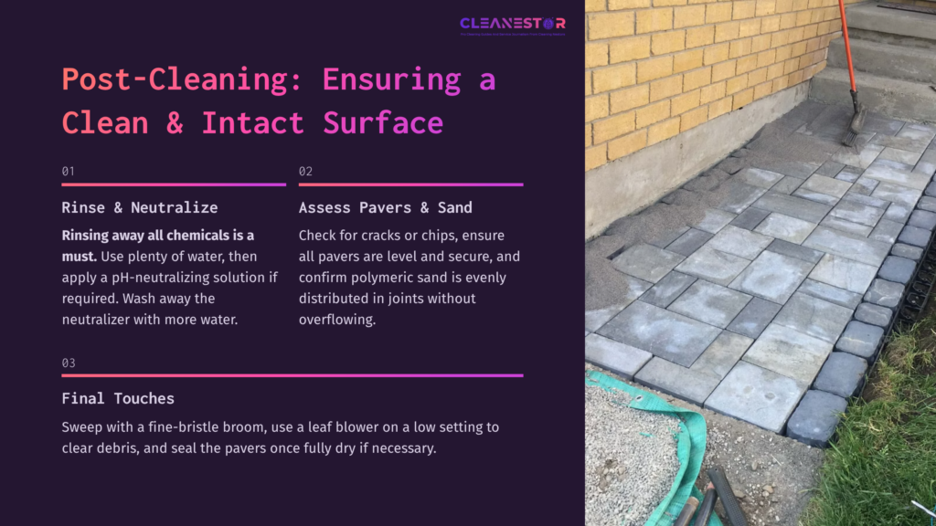 A Brick Patio With Polymeric Sand Between The Pavers, A Broom And Hose Nearby, And A Brick Wall In The Background.